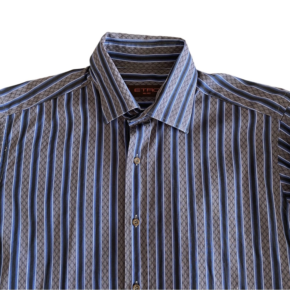 Etro Milano Men's Dress Shirt Sz 39 Striped Blue/Grey Button Up Made in Italy